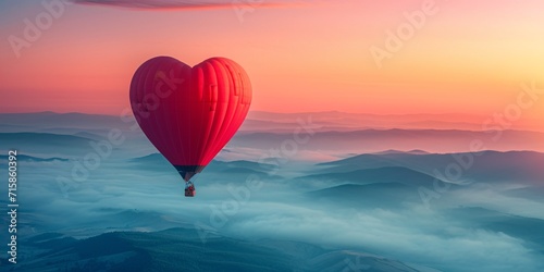 Gorgeous crimson hot air balloon heart in pastel blue and pink sky on a sunny morning, with misty mountains in the distance. Ideal for a Valentine's Day adventure or a sporty getaway.
