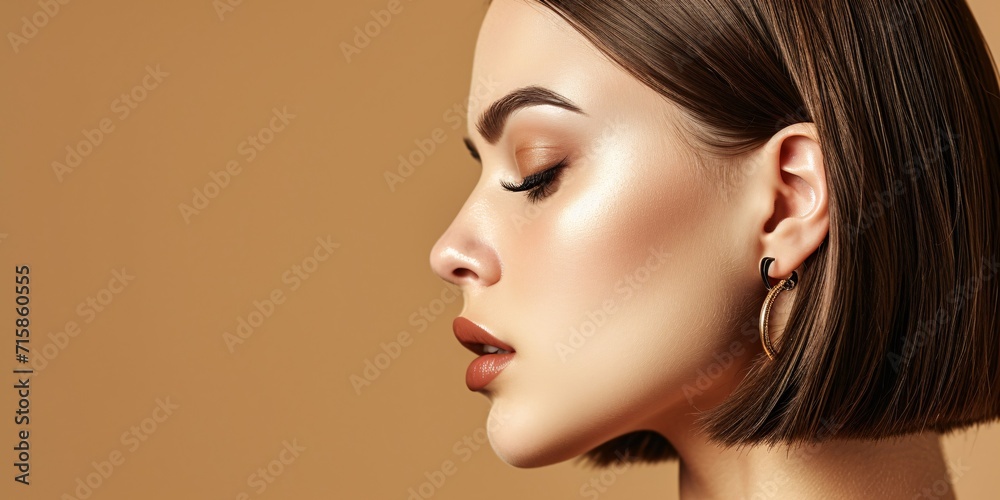 Stunning female portrait with golden earring and bob hairstyle, showcasing flawless facial features and alluring makeup. Stunning female portrait with golden earring and bob hairstyle, showcasing flawless facial features and alluring makeup.