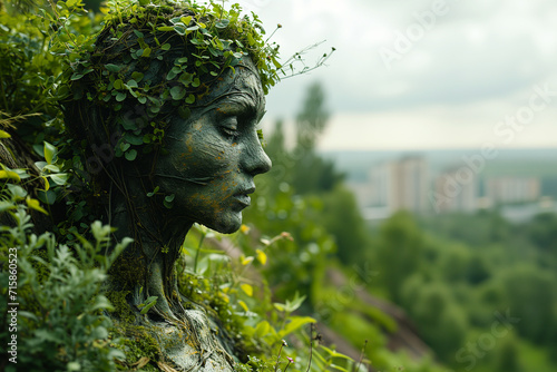 Portrait of a woman, growing from plant and tree, view over modern city, connect to nature, protect environment, consciousness and spirit  © Berit Kessler