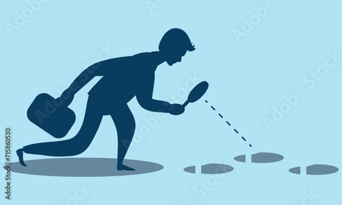 Curiosity Concept, Silhouette of person looking for clues, Detective finding evidence following footprints