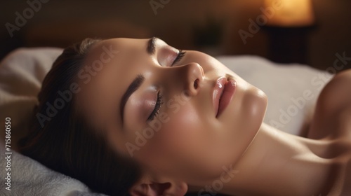 Lovely lady receiving spa treatment, resting on massage table with eyes shut, enhancing skin health and overall wellness.