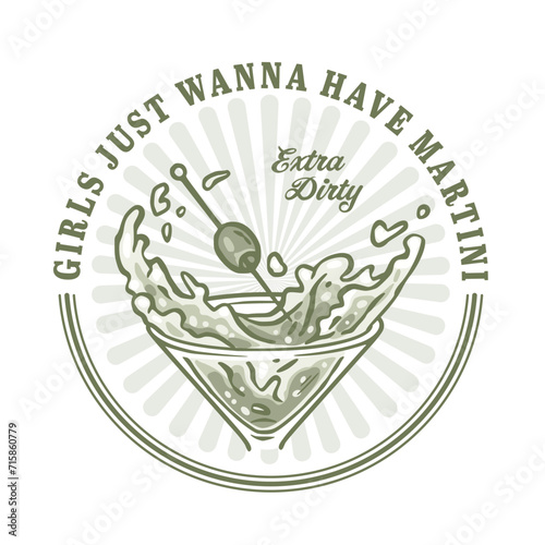 Martini cocktail vector with olive and splashes for alcohol for cocktail bar or drink party. Logo design with glass of martini for tee print of bartender or barman