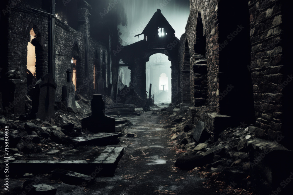 Abandoned Ruins with Fog and Crumbling Tombstones