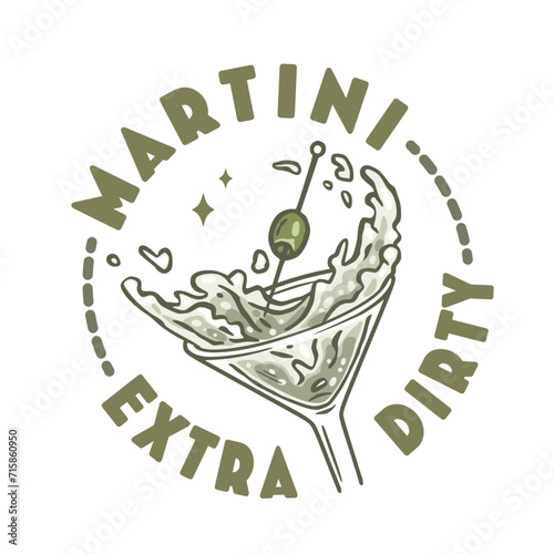 Martini cocktail vector with olive and splashes for alcohol for cocktail bar or drink party. Logo design with glass of martini for tee print of bartender or barman