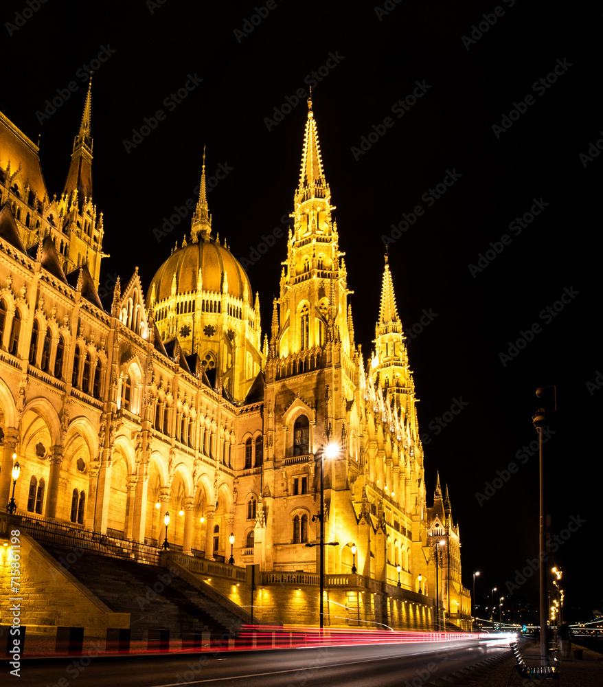 The picturesque landscape of the Parliament in Budapest, Hungary at night. Charming places.