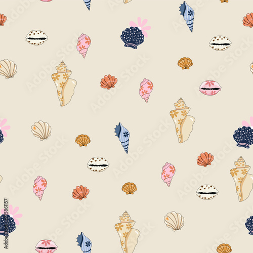 Shells on a beige background. Seamless pattern Suitable for decoration of various goods in marine style. Illustration in the style of line. Marine theme in drawings. Vector art.
