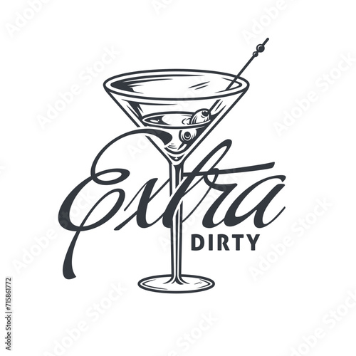 Martini cocktail vector with olive and splashes for alcohol for cocktail bar or drink party. Monochrome print or logo design with glass of martini for bartender or barman