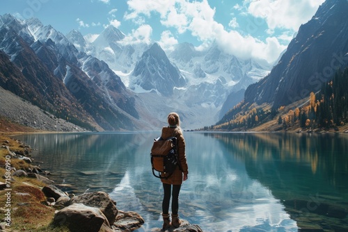 Scandinavian woman with backpack against the background of nature and mountains looking at the lake.view from behind photo