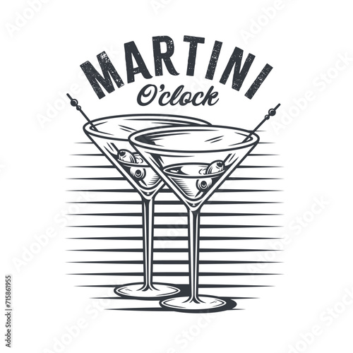 Martini cocktail vector with olive and splashes for alcohol for cocktail bar or drink party. Monochrome print or logo design with glass of martini for bartender or barman