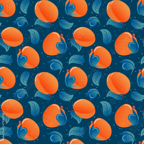 Peach, apricots summer seamless pattern in minimalistic style. Tropical exotic fruits, leaves. Healthy food. For menu, cafe, wallpaper, fabric, wrapping background