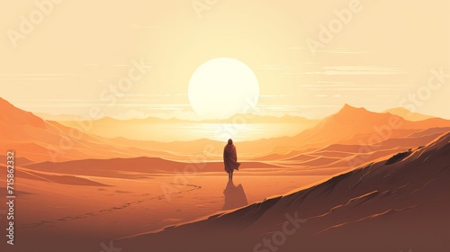 Breathtaking Minimalist Concept of Lone Figure Amidst Majestic Desert Landscape at Sunset