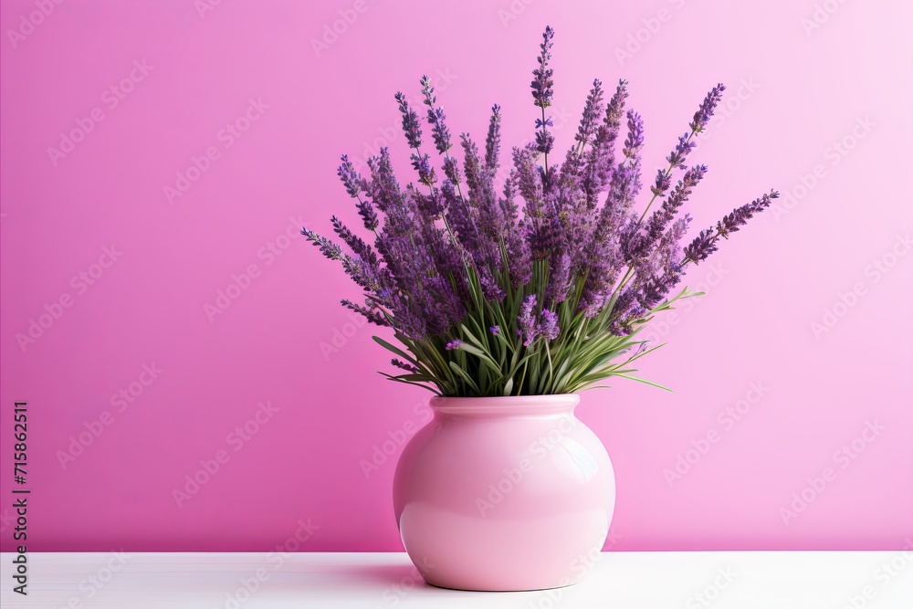 Lavender blossoms in vase on elegant pink backdrop