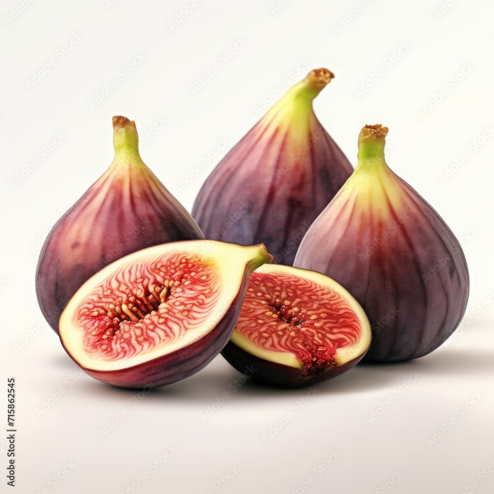 violet figs on a white background. whole and half tropical fruits. violet figs on a white background. whole and half tropical fruits.