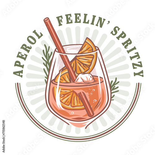 Aperol cocktail vector with ice and slice of orange for cocktail bar or drink summer party. Aperol spritz or alcohol cocktail with gin for tee print of beach bar and cafe menu