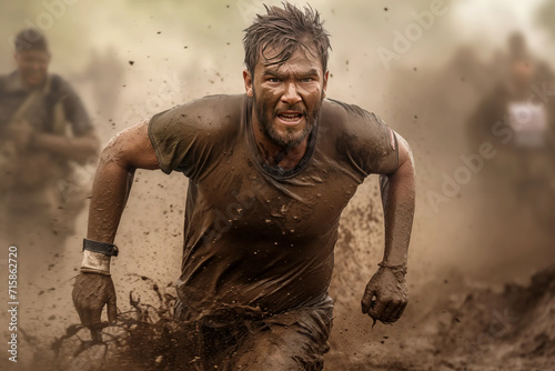 A muddy male endurance runner in an iron man style competition showing gritty determination to complete a race against adversity or extreme conditions photo