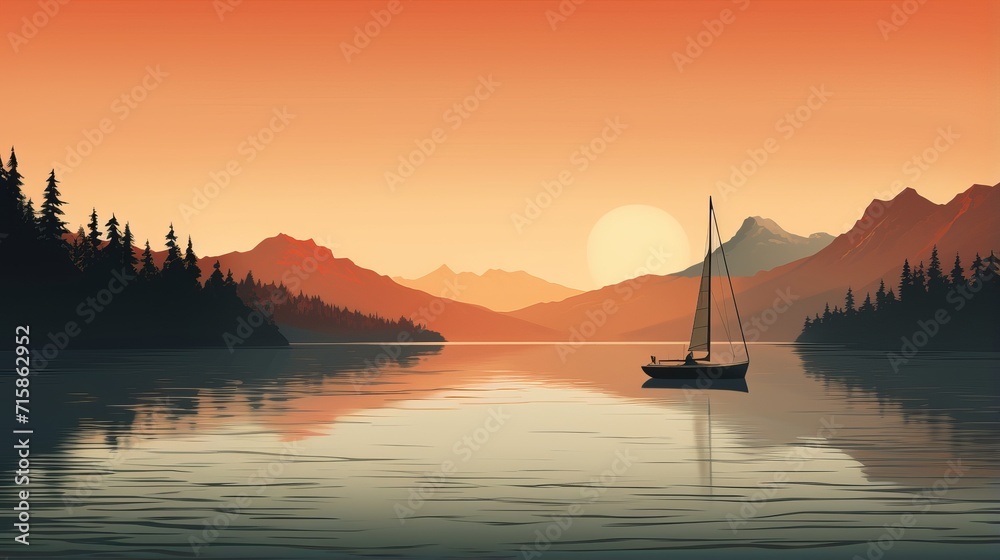 Serene Sunset Scene with Lone Sailboat Anchored in Calm Lake