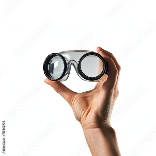 Hand holding a pair of safety goggles isolated on white background, vintage, png 