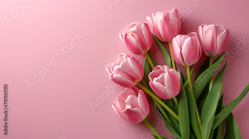 Beautiful composition spring flowers. Bouquet of pink tulips flowers on pastel pink background. Generative Ai © Xpert