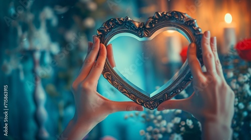 Symbolic Image of Affection and Connection. Embrace Yourself. Individual using Hand to Shape a Heart on the Reflective Surface. Indulge in Passion on February 14th.