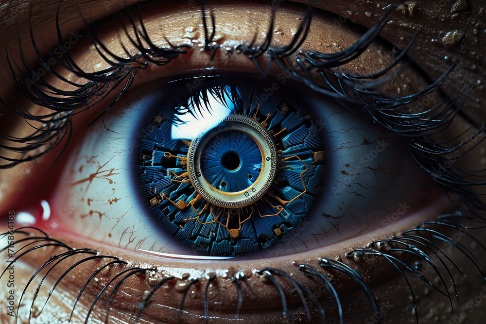 a mans eye showing a digital background with an eye