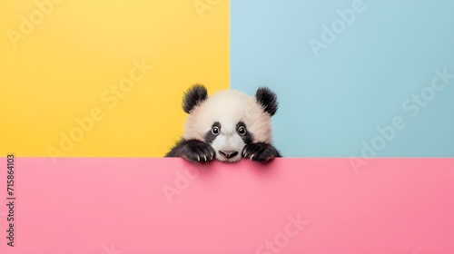 Creative animal concept. Scottish fold baby panda peeking over pastel bright background. advertisement, banner, card. copy text space. birthday party invite invitation