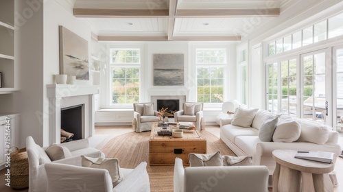 Cozy farmhouse living room with natural light  neutral tones  and a classic fireplace