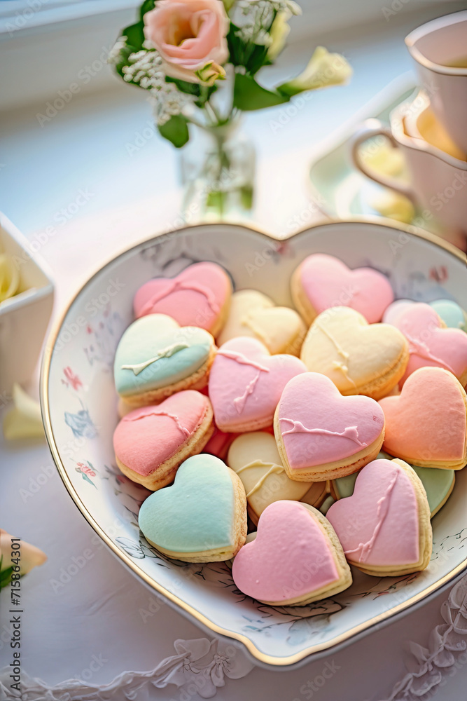 A photo of colorful heart shape cookies displayed
