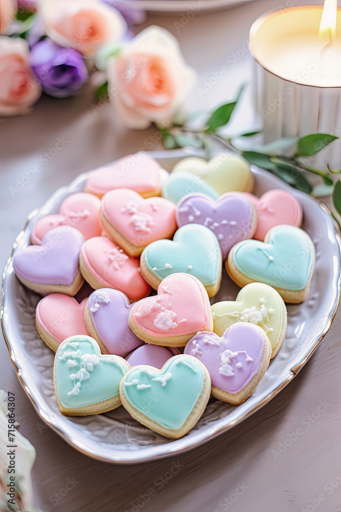 A photo of colorful heart shape cookies displayed A photo of colorful heart shape cookies displayed
