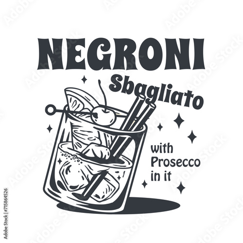 Negroni cocktail vector with ice and slice of orange for cocktail bar or drink summer party. Monochrome negroni sbagliato or alcohol cocktail for beach bar and cafe menu