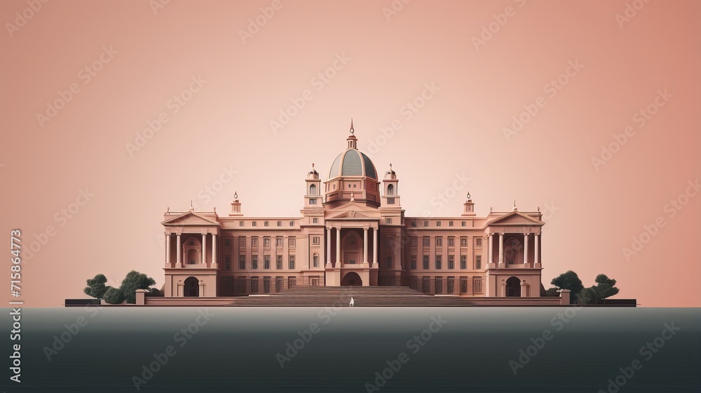 Grand Classical-Style Building by Water with Symmetrical Design