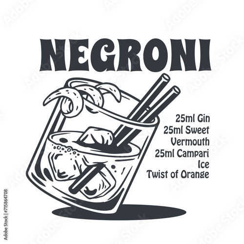 Negroni cocktail vector with ice and slice of orange for cocktail bar or drink summer party. Monochrome negroni sbagliato or alcohol cocktail for beach bar and cafe menu