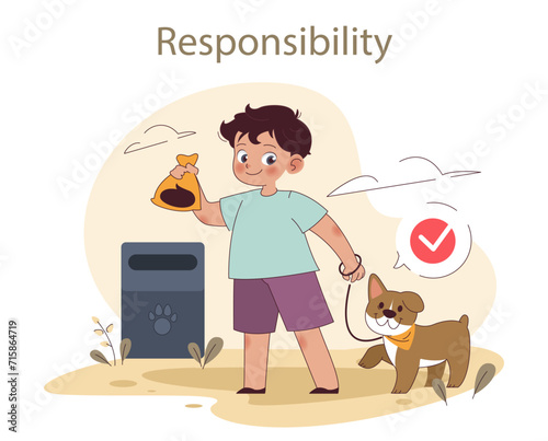 Responsibility. A boy demonstrates responsible pet care by disposing of waste properly. Encouraging accountability in children. Flat vector illustration