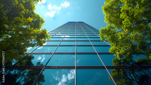 Sky line with plants in a modern city with a blue sky. Green, sustainable and ecological building. Carbon reduction.
