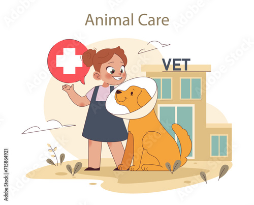 Animal Care concept. Girl guides dog with a cone collar at vet clinic, highlighting compassionate pet healthcare. Flat vector illustration
