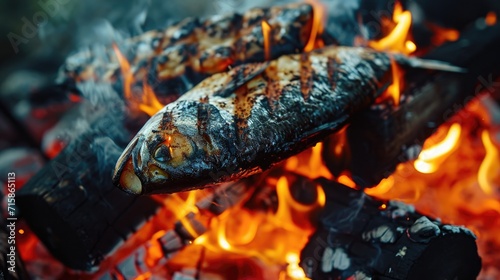 Kebab fish bbq kebab cooking fry on campfire wallpaper background