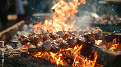 Meat bbq kebab cooking fry on campfire wallpaper background