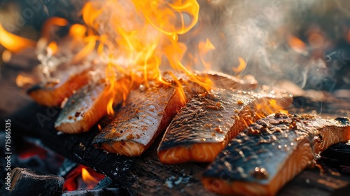 Red salmon tuna fish steak bbq cooking fry on campfire wallpaper background photo