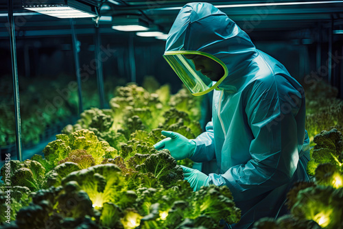 a worker in a protective suit examines a salad