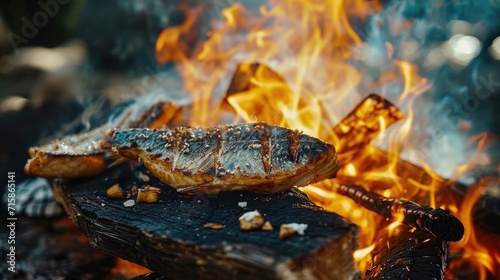 Kebab fish bbq kebab cooking fry on campfire wallpaper background © Irina