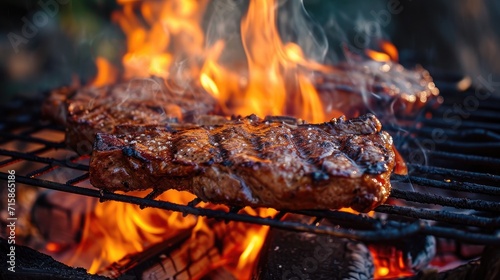 Meat steak piece bbq cooking fry on campfire wallpaper background