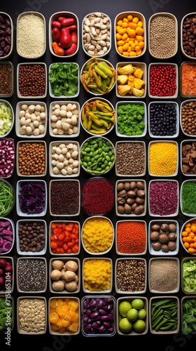 An array of healthy food choices including grains, vegetables, and legumes organized in containers for nutritional planning.