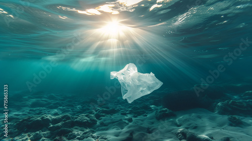 Plastic bag in the ocean, nature conservation concept photo