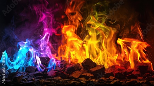 Colorful modern neon fireplace chimney coozy room country house wallpaper background
