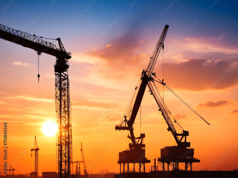 construction workers assembling scaffolding against the early sunrise