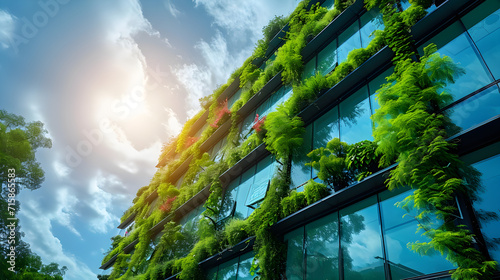 Green, ecological and sustainable building in a modern city. Glass building with plants, ecological awareness, carbon reduction and sustainability. photo