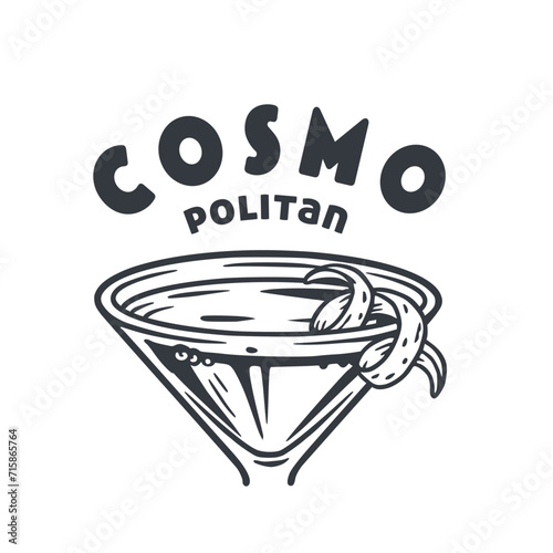 Cosmopolitan cocktail vector with orange zest for cocktail bar or drink summer party. Alcohol cocktail with vodka for tee print of beach bar and cafe menu