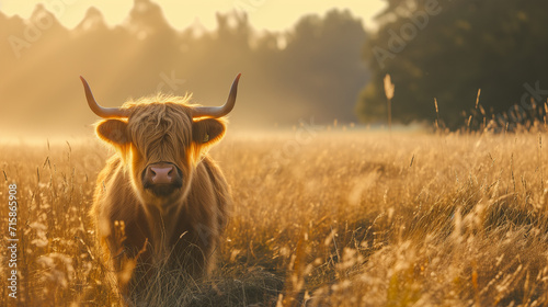 Scottish highland cow on a meadow photo