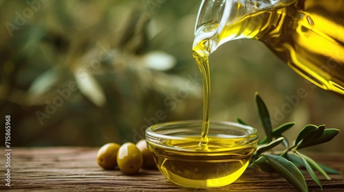 Extra virgin olive oil pours from bottle wallpaper background