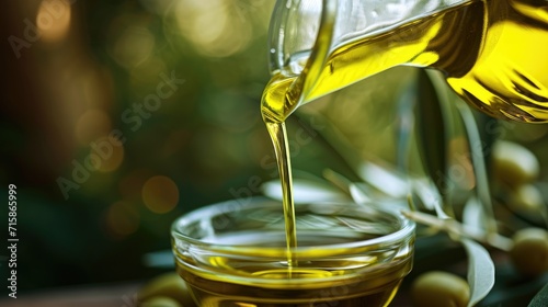 Extra virgin olive oil pours from bottle wallpaper background photo