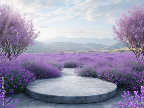 platform in a lavender field, sunset sky, template